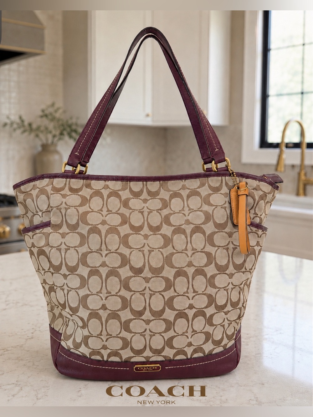 Coach Park Signature Canvas Tote in Khaki with Plum Merlot Trim